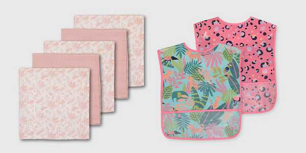 A split image of baby's pink floral muslin squares on one side and tropical print bibs on other.